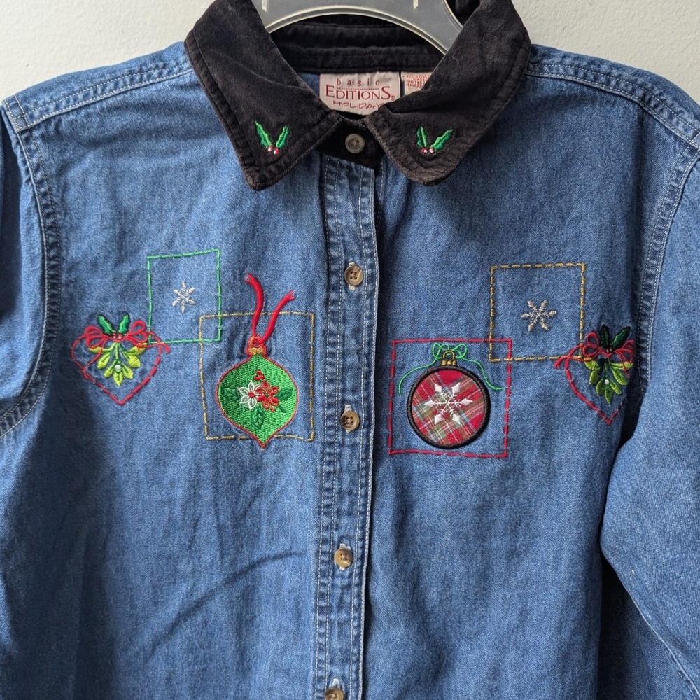 Vtg Button Up Blue Denim Christmas Embroidery Long Sleeve Top Velvet Collar Md